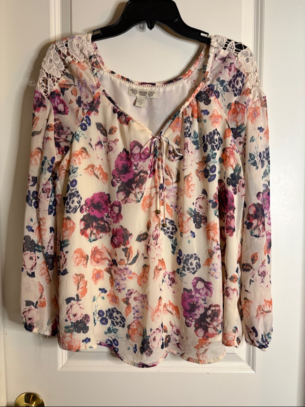 Floral Lace-Shoulder Blouse - Cream with Pink & Purple Flowers
